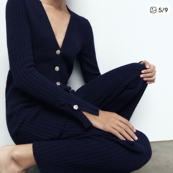 Zara navy Ribbed knit Wide Leg Pants & long Cardigan Set size small - Picture 2 of 9